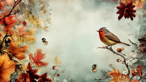 Autumn Symphony: Robin Among Falling Leaves and Insects.