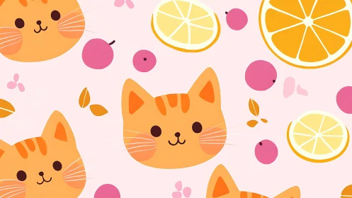 Whimsical Orange Tabby Cats Frolic Among Citrus Fruits and Berries