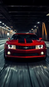 Red muscle car races through illuminated city tunnel at night.