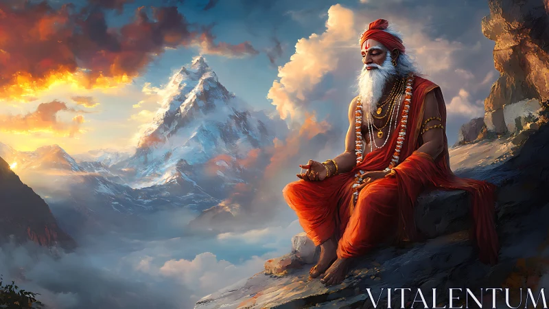 Himalayan sage meditates above glowing sunset clouds