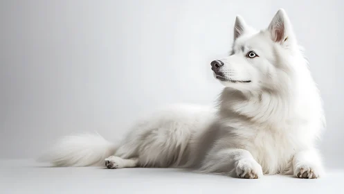 High-key canine portrait with luminous white double coat.
