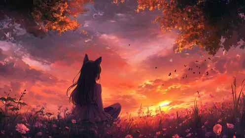 Fox-eared girl watches blazing sunset over wildflower field.