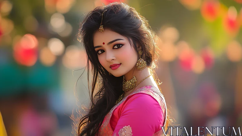 Bridal portrait in pink saree under warm bokeh sunset light.
