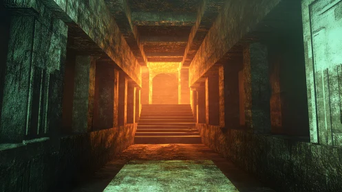 Ancient stone hallway with glowing light, digital fantasy art.