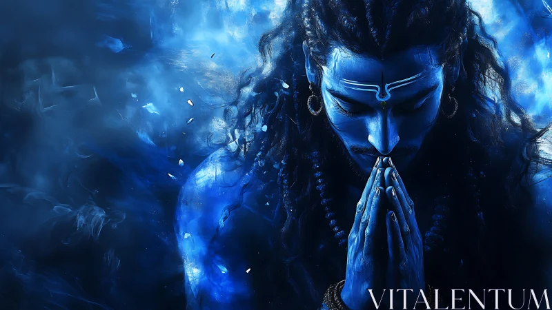 Sacred blue figure bows in calm, luminous cosmic prayer