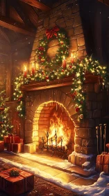 Cozy Christmas hearth glowing with gifts, garlands, and cheer.
