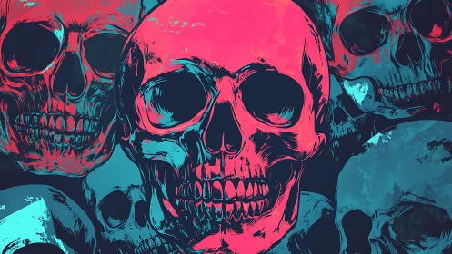 Overlapping neon skull illustrations form a dense frontal field