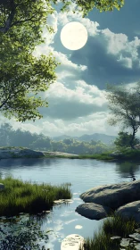 Moonlit lake reflection under drifting summer clouds.