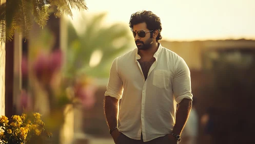 Man in white shirt walking outdoors at golden hour light.