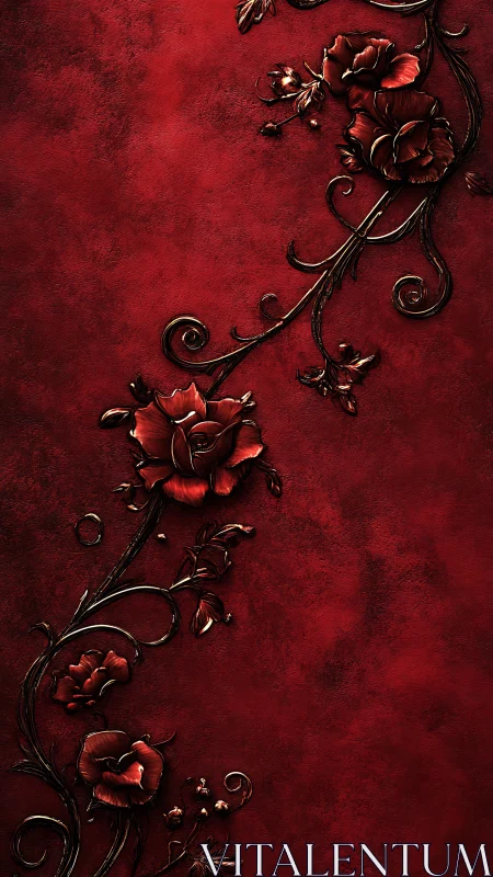 Crimson Roses. Ornate 3D Relief on Rich Red Velvet Background.