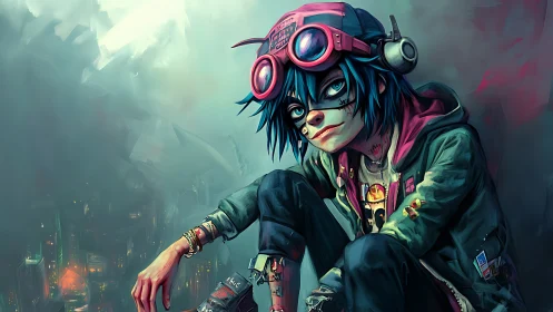 Urban character portrait with neon accents and cityscape backdrop.