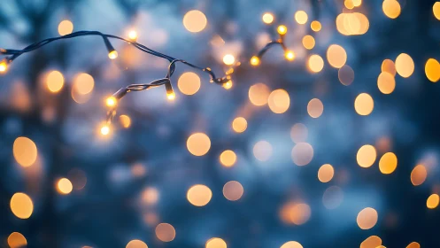 Warm bokeh string lights glow softly against cool blue blur