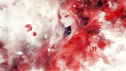 Scarlet daydream girl dissolving into watercolor whispers.