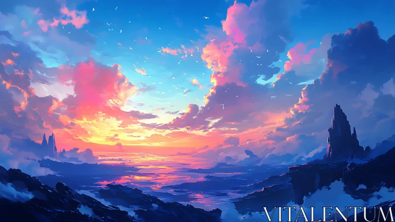 Coastal rock formations under vivid multicolored sunset sky.