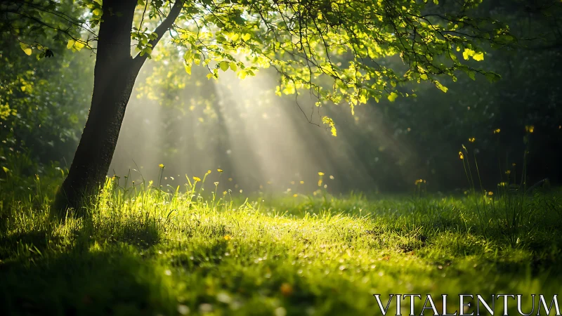 Sunbeams Filtering Through Lush Green Tree in Peaceful Forest Scene.