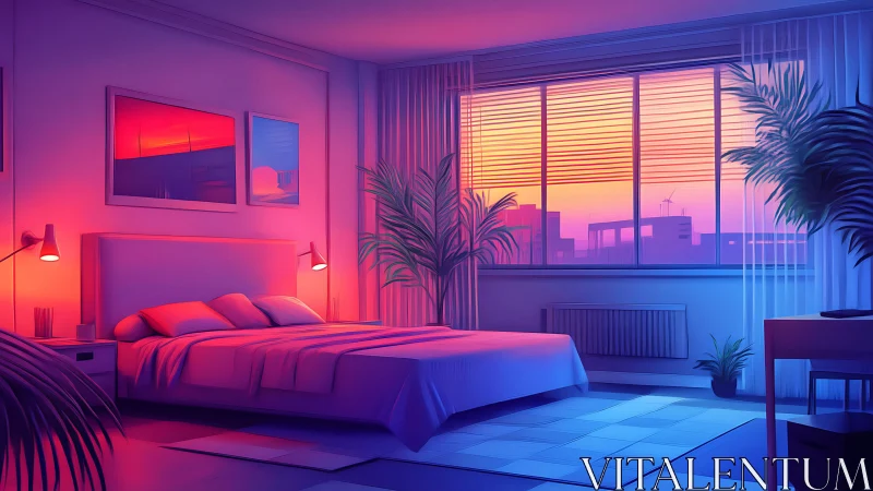 Bedroom interior shows colored lighting and sunset window view