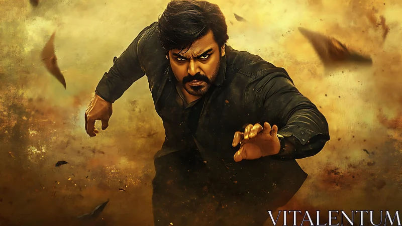 Man in dark clothing moving forward through dusty debris.