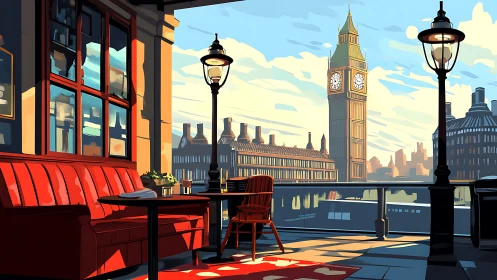 Riverside caf&eacute; interior framing Big Ben under warm daylight.