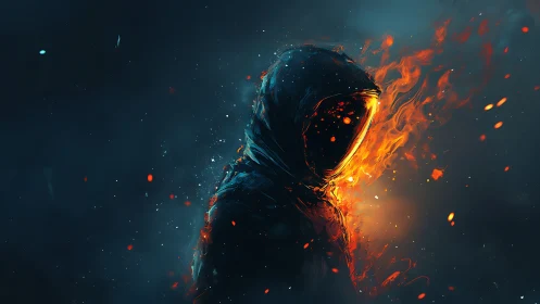 Hooded ember-walker ignites the void with feral flame glow.