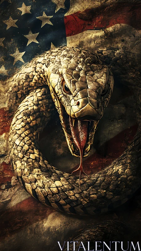 Coiled serpent roars to life beneath a weathered flag