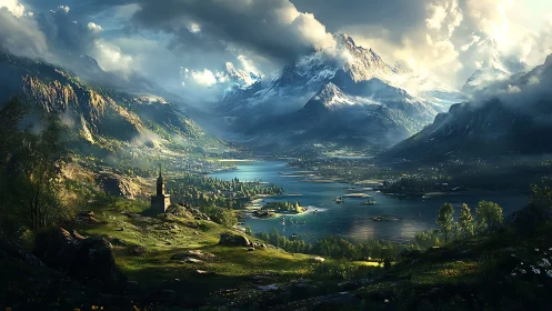 Sunlit alpine lake valley under dramatic stormlit peaks.