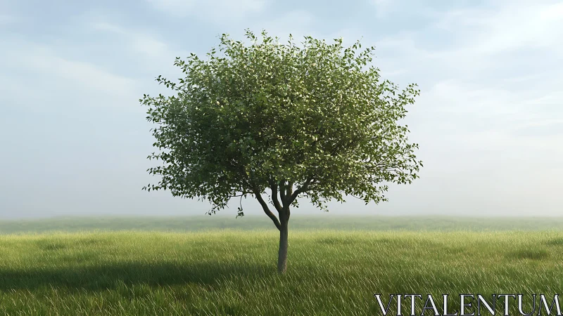 Solitary meadow tree sipping dawn hush and quiet light.