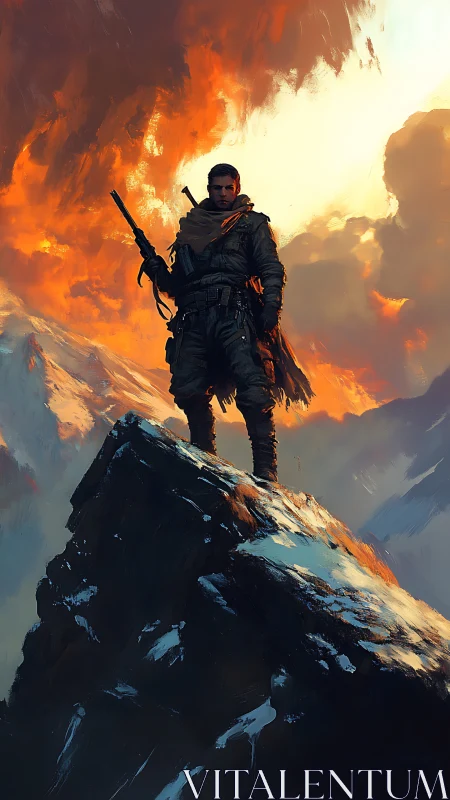 Lone mountain wanderer standing strong in blazing sunset skies.