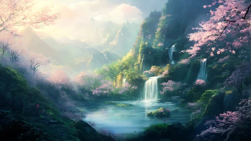 Ethereal mountain lake with tiered waterfalls and sakura glow.