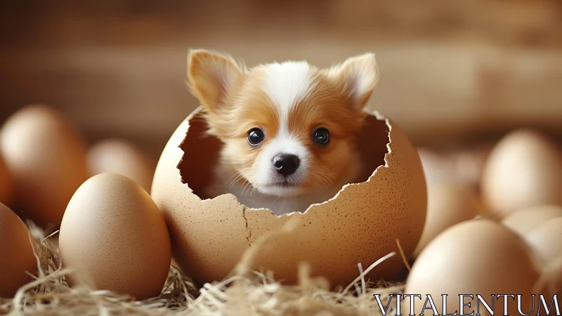 Corgi Puppy Emerging from Fractured Eggshell - 3D Rendered Composition