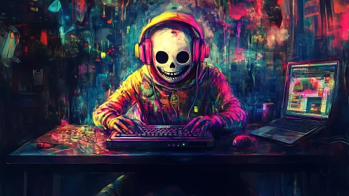 Chromatic skull-coder at dual workstations in neon cyberspace.