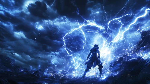 Lone warrior stands before massive blue lightning vortex