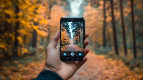 Hand holds smartphone framing sharp autumn forest path