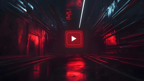 Futuristic hallway with glowing YouTube play button, cyberpunk style.