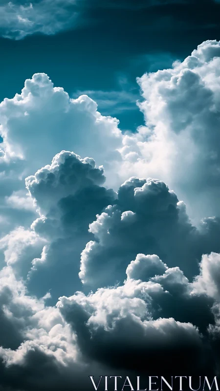 Dramatic towering cumulus clouds under deep blue sky.