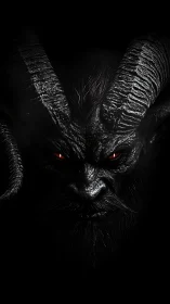Horned midnight demon with ember eyes staring back.