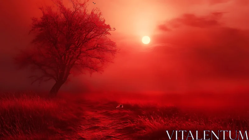 Monochrome scarlet meadow with lone windswept tree at sunset