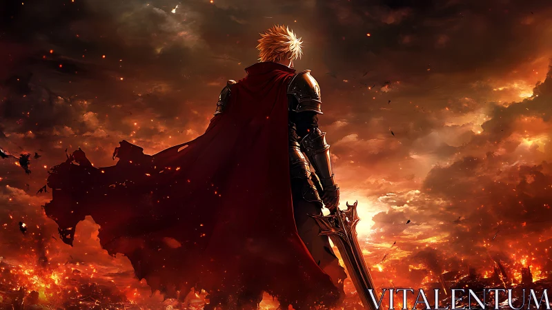 Armored swordsman overlooking burning battlefield at dusk.