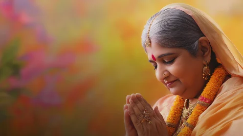 Elderly Indian Woman in Prayer, Warm Colors, Soft Focus Portrait.