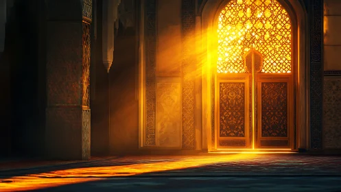 Golden sunlight pouring through an ornate arched doorway.