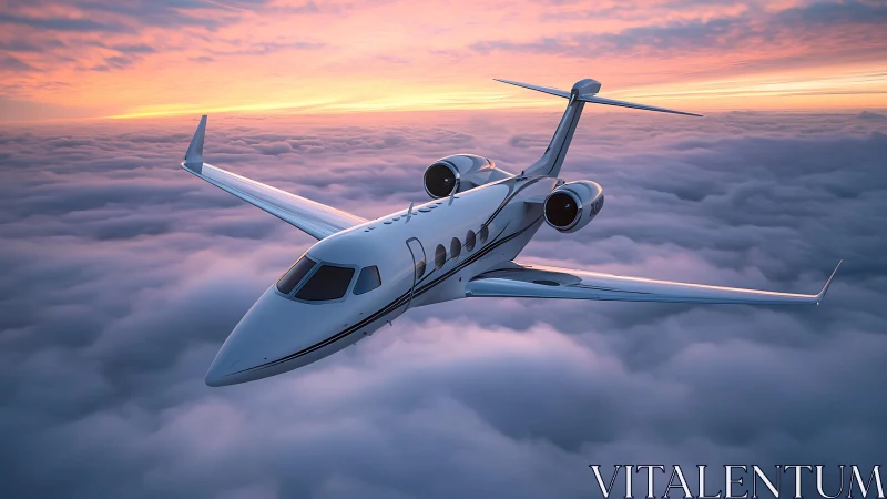 Business jet cruises above stratiform cloud deck at sunset