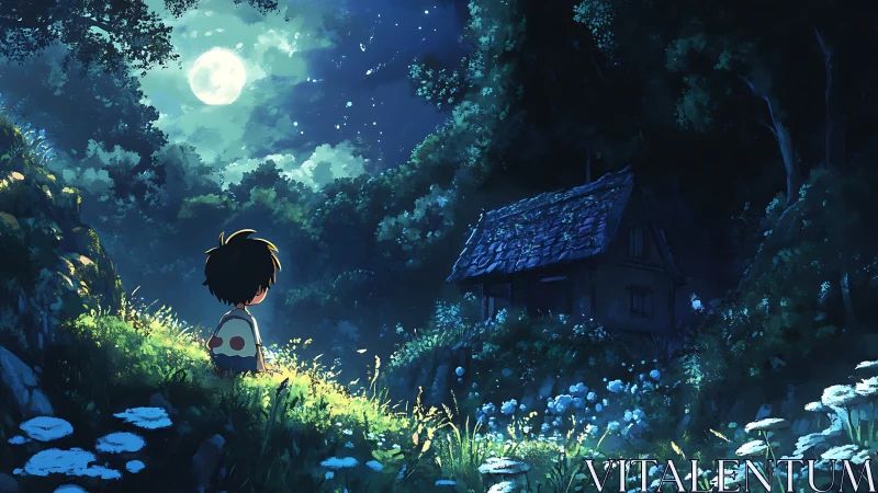 Moonlit forest clearing with child figure observing distant cabin