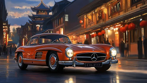 Midnight gullwing cruises through lantern-bright old streets