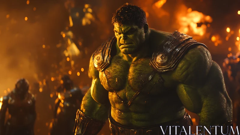 Armored green warrior stands amid blazing battle ruins.