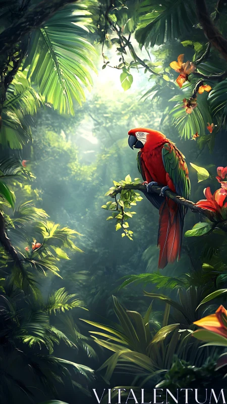 Scarlet jungle parrot resting in sunlit emerald canopy.