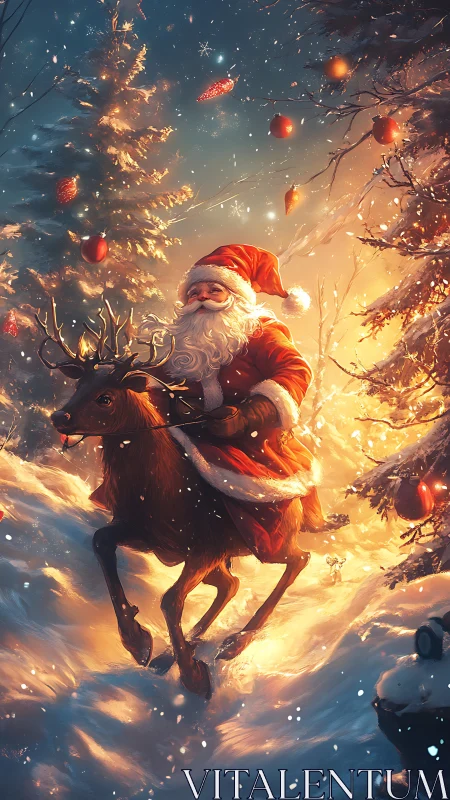 Santa figure on reindeer in illuminated snowy forest at dusk.