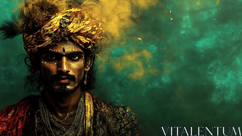 Turbaned mystic in molten gold smoke against teal abyss.