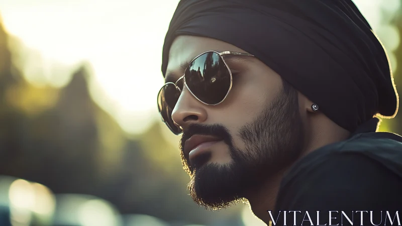 Sunlit portrait of bearded man in turban and sunglasses.
