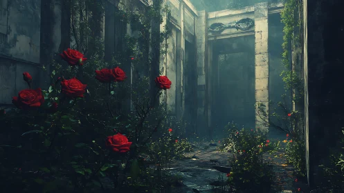 Overgrown stone corridor shows red roses in dense foreground