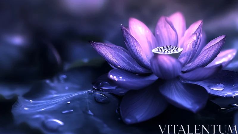 Water lily specimen with pink petals and seed pod, submerged in blue water environment.