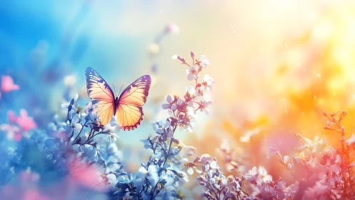 Butterfly above flowering plants in diffuse backlighting.